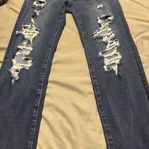 American Eagle Outfitters Dark Blue Distressed Skinny Crop Jeans